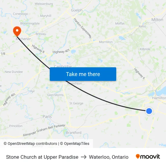 Stone Church at Upper Paradise to Waterloo, Ontario map