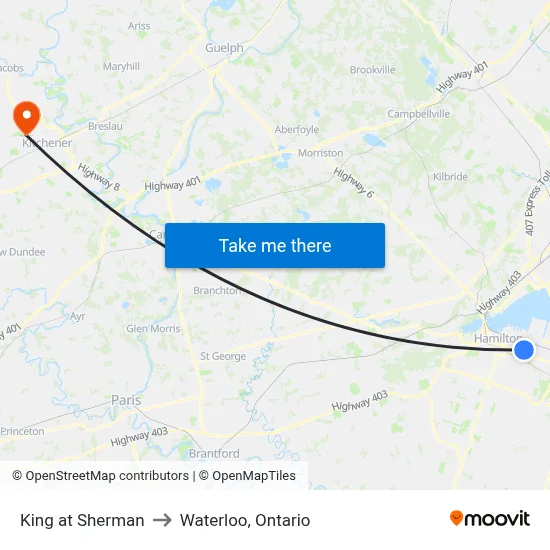 King at Sherman to Waterloo, Ontario map