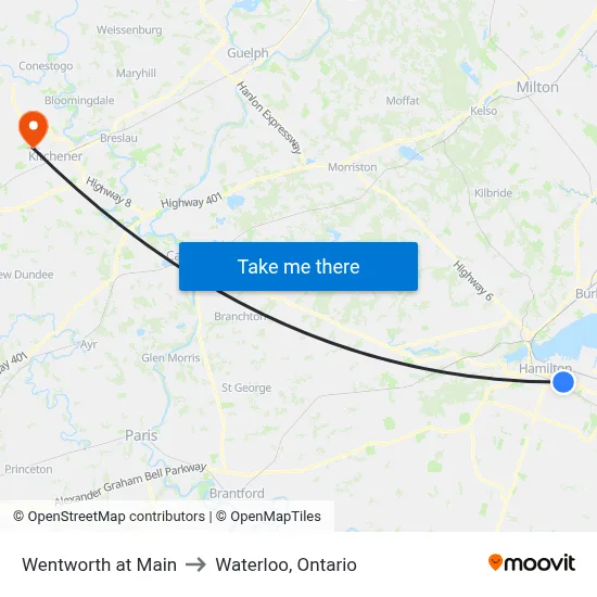 Wentworth at Main to Waterloo, Ontario map