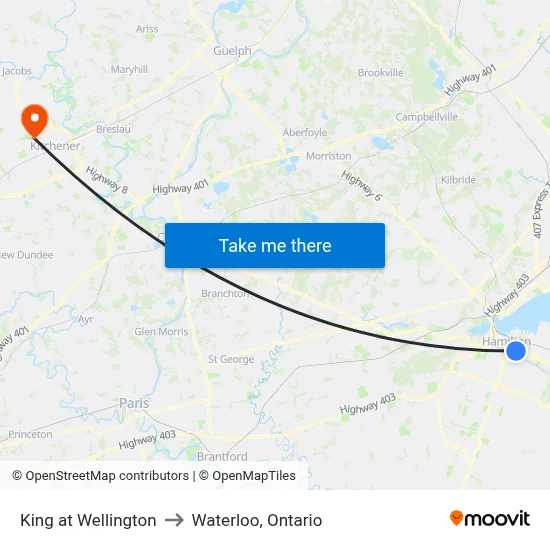 King at Wellington to Waterloo, Ontario map