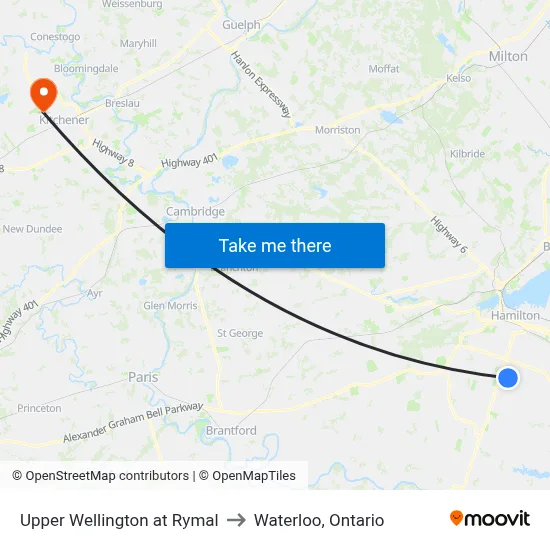 Upper Wellington at Rymal to Waterloo, Ontario map