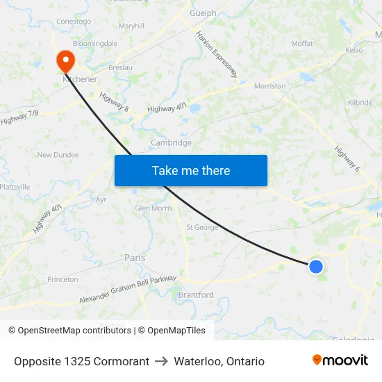 Opposite 1325 Cormorant to Waterloo, Ontario map