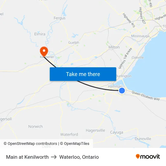Main at Kenilworth to Waterloo, Ontario map