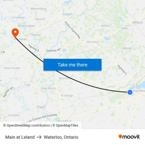 Main at Leland to Waterloo, Ontario map