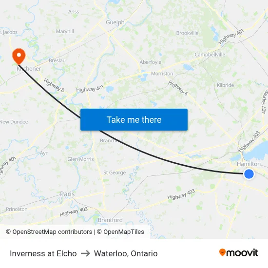 Inverness at Elcho to Waterloo, Ontario map