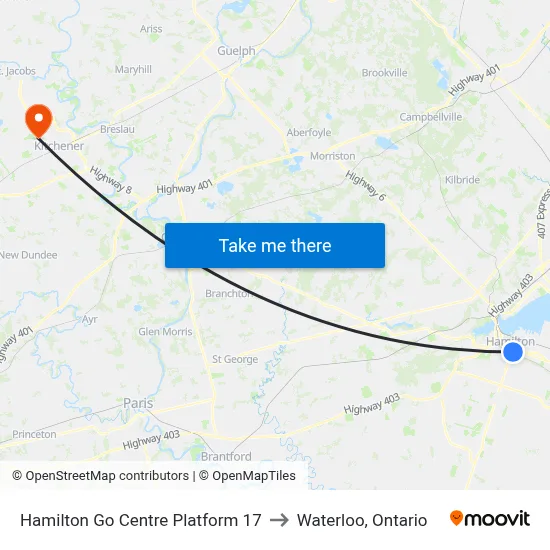 Hamilton Go Centre Platform 17 to Waterloo, Ontario map