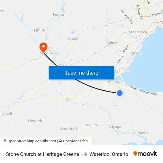 Stone Church at Heritage Greene to Waterloo, Ontario map
