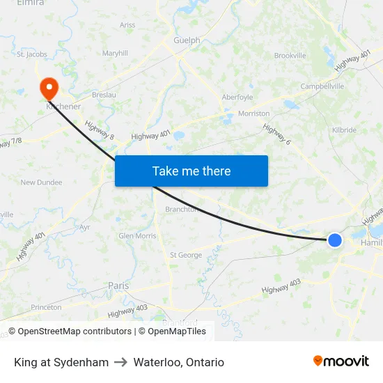 King at Sydenham to Waterloo, Ontario map