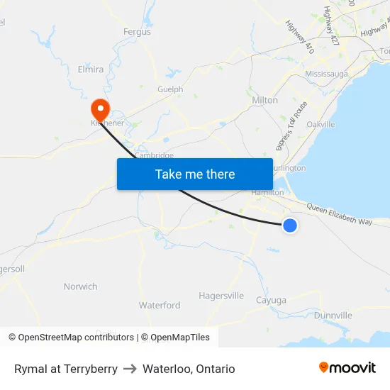Rymal at Terryberry to Waterloo, Ontario map