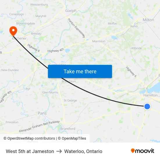West 5th at Jameston to Waterloo, Ontario map