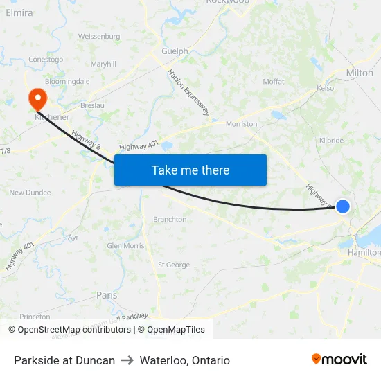 Parkside at Duncan to Waterloo, Ontario map