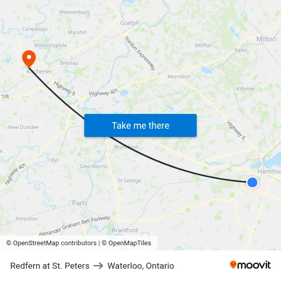 Redfern at St. Peters to Waterloo, Ontario map