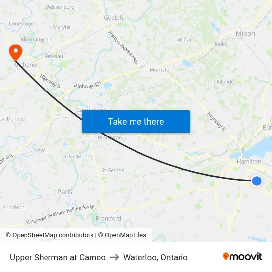 Upper Sherman at Cameo to Waterloo, Ontario map