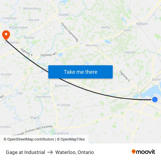 Gage at Industrial to Waterloo, Ontario map