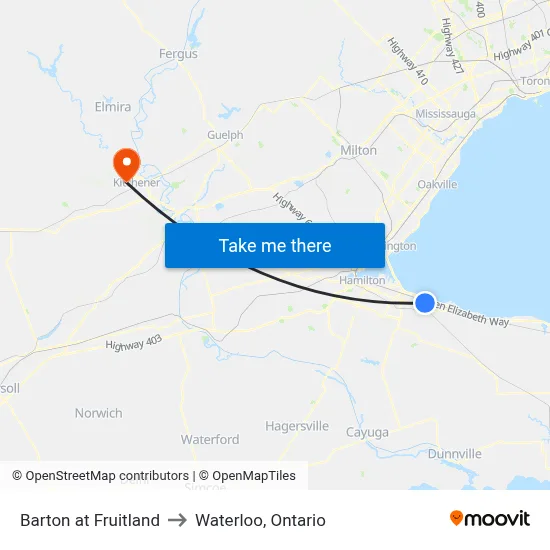 Barton at Fruitland to Waterloo, Ontario map