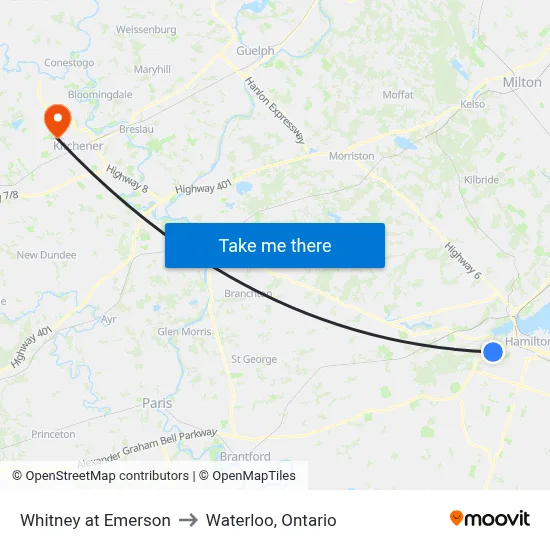 Whitney at Emerson to Waterloo, Ontario map