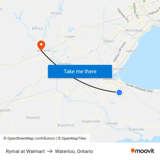 Rymal at Walmart to Waterloo, Ontario map