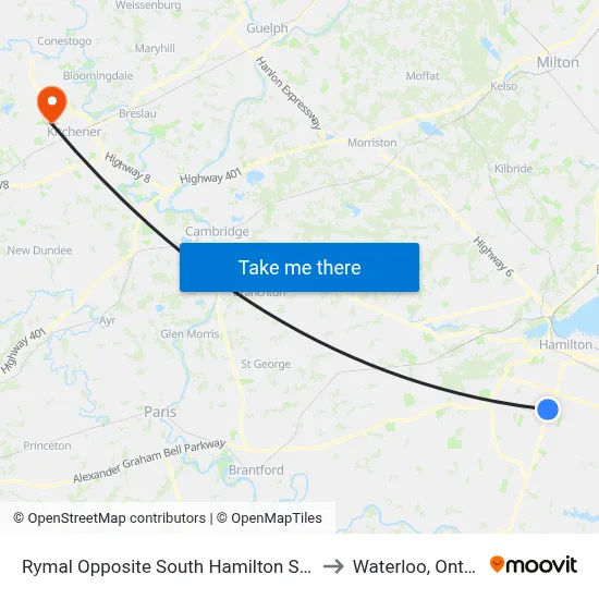 Rymal Opposite South Hamilton Square to Waterloo, Ontario map