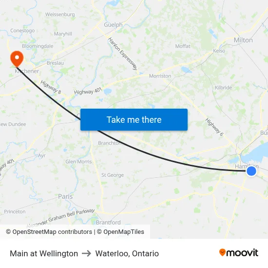 Main at Wellington to Waterloo, Ontario map