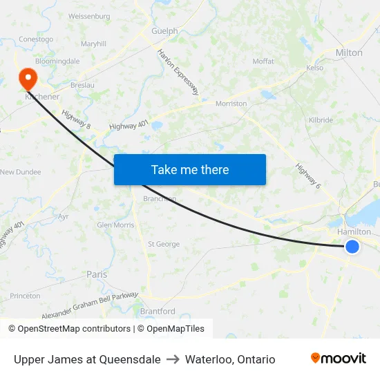 Upper James at Queensdale to Waterloo, Ontario map