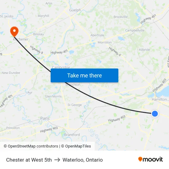 Chester at West 5th to Waterloo, Ontario map