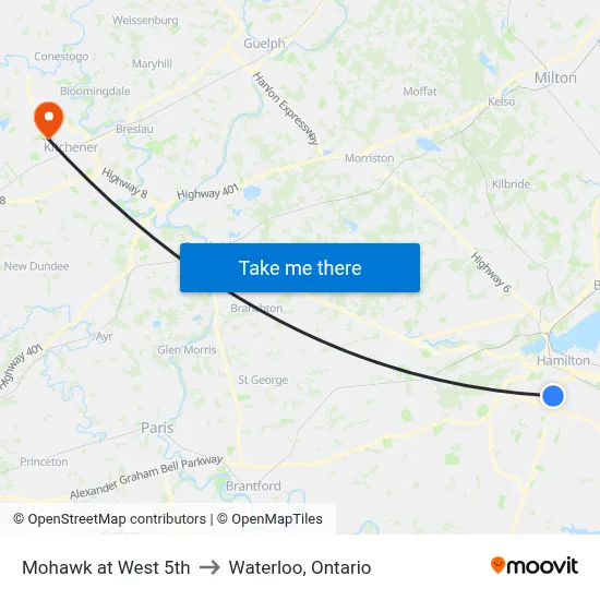 Mohawk at West 5th to Waterloo, Ontario map