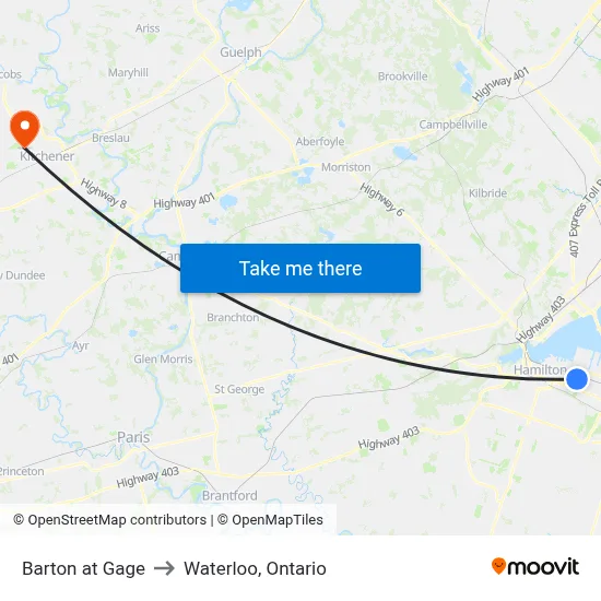 Barton at Gage to Waterloo, Ontario map