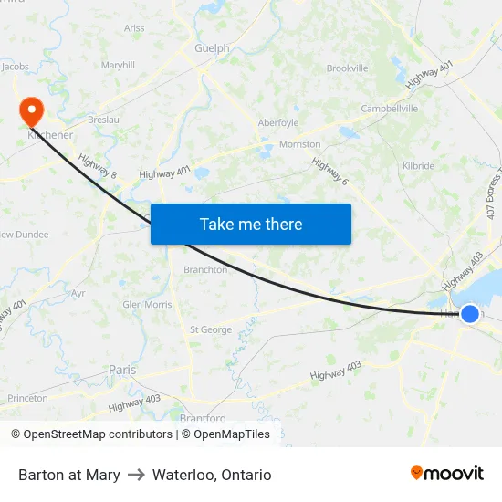 Barton at Mary to Waterloo, Ontario map