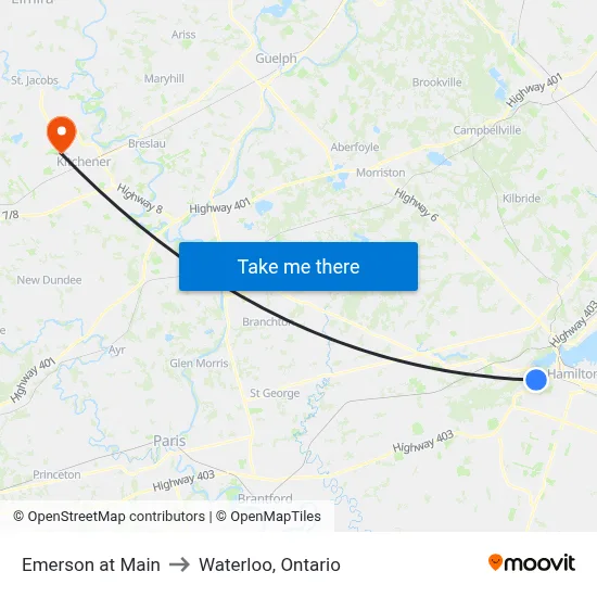 Emerson at Main to Waterloo, Ontario map