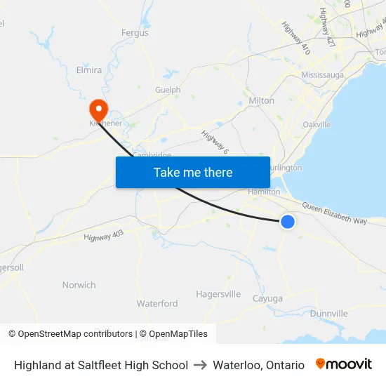 Highland at Saltfleet High School to Waterloo, Ontario map