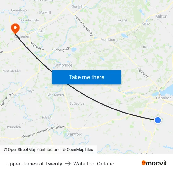 Upper James at Twenty to Waterloo, Ontario map