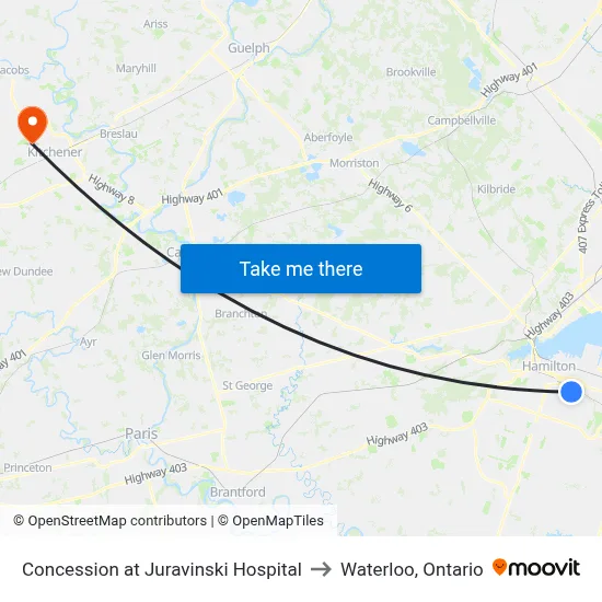 Concession at Juravinski Hospital to Waterloo, Ontario map