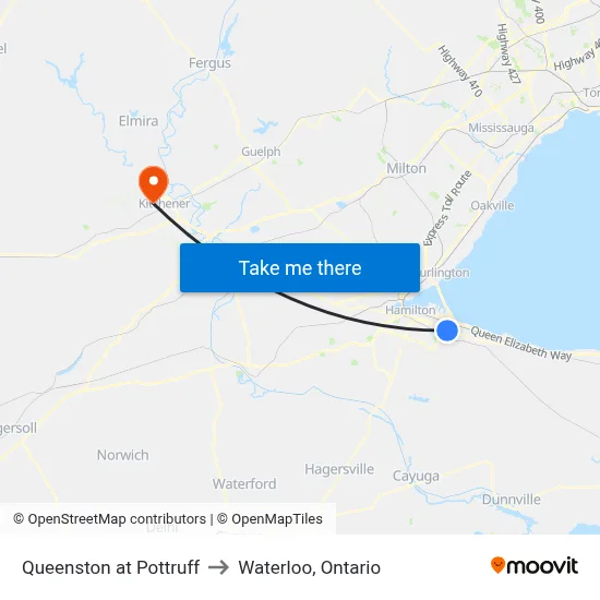 Queenston at Pottruff to Waterloo, Ontario map