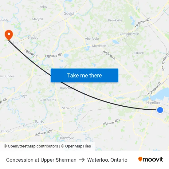 Concession at Upper Sherman to Waterloo, Ontario map
