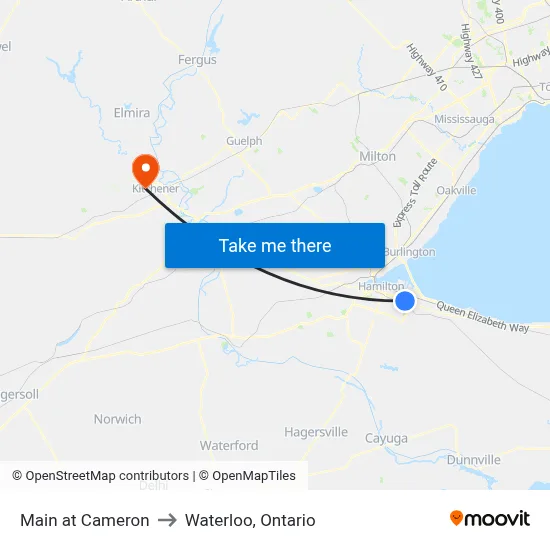 Main at Cameron to Waterloo, Ontario map