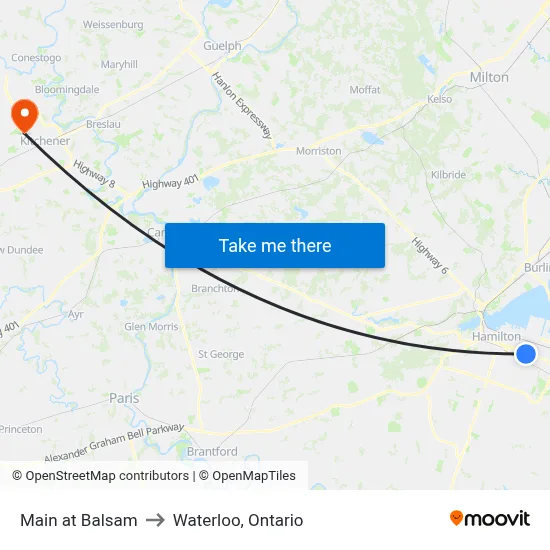 Main at Balsam to Waterloo, Ontario map