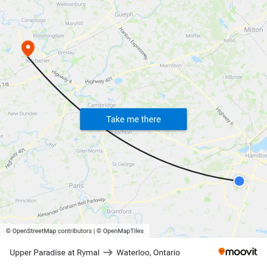 Upper Paradise at Rymal to Waterloo, Ontario map