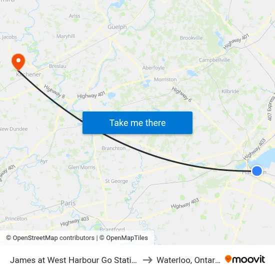 James at West Harbour Go Station to Waterloo, Ontario map