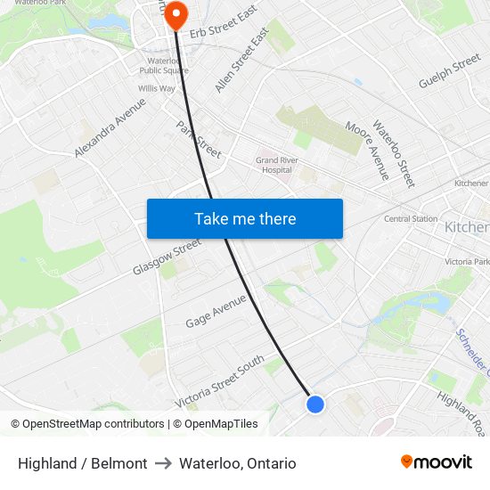 Highland / Belmont to Waterloo, Ontario map