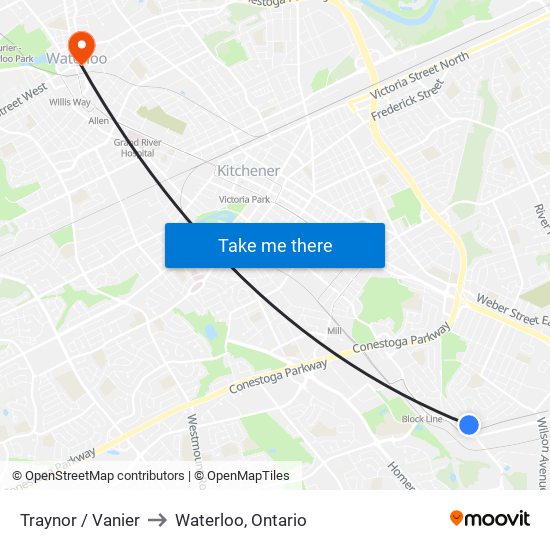 Traynor / Vanier to Waterloo, Ontario map