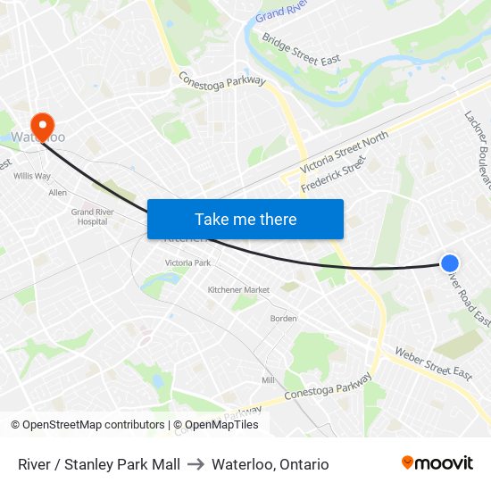 River / Stanley Park Mall to Waterloo, Ontario map