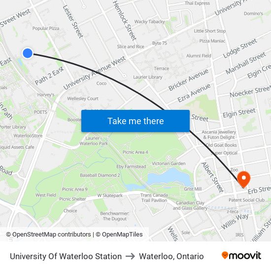 University Of Waterloo Station to Waterloo, Ontario map