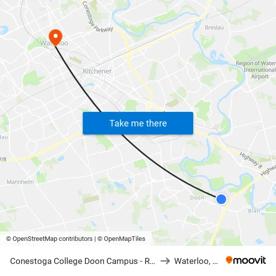Conestoga College Doon Campus - Recreation Centre to Waterloo, Ontario map