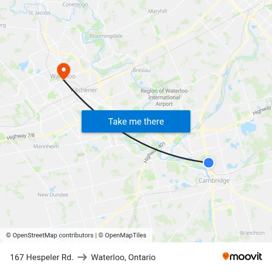 167 Hespeler Rd. to Waterloo, Ontario map