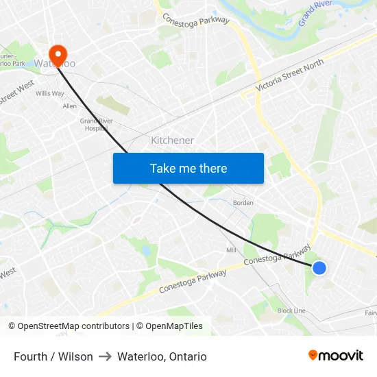 Fourth / Wilson to Waterloo, Ontario map
