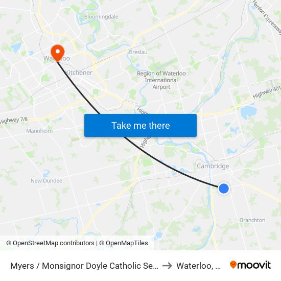 Myers / Monsignor Doyle Catholic Secondary School to Waterloo, Ontario map