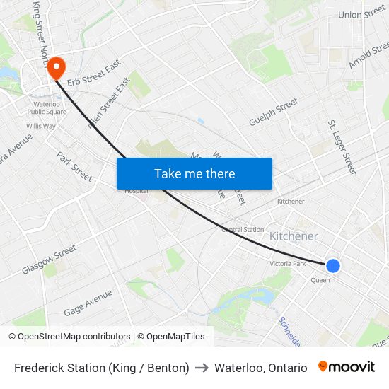 Frederick Station (King / Benton) to Waterloo, Ontario map