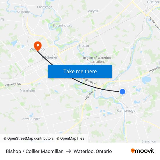 Bishop / Collier Macmillan to Waterloo, Ontario map