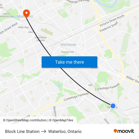 Block Line Station to Waterloo, Ontario map