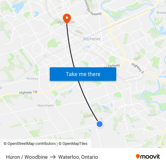 Huron / Woodbine to Waterloo, Ontario map